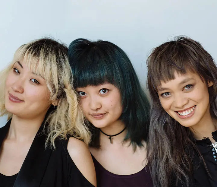 three women, hair, posing, styling