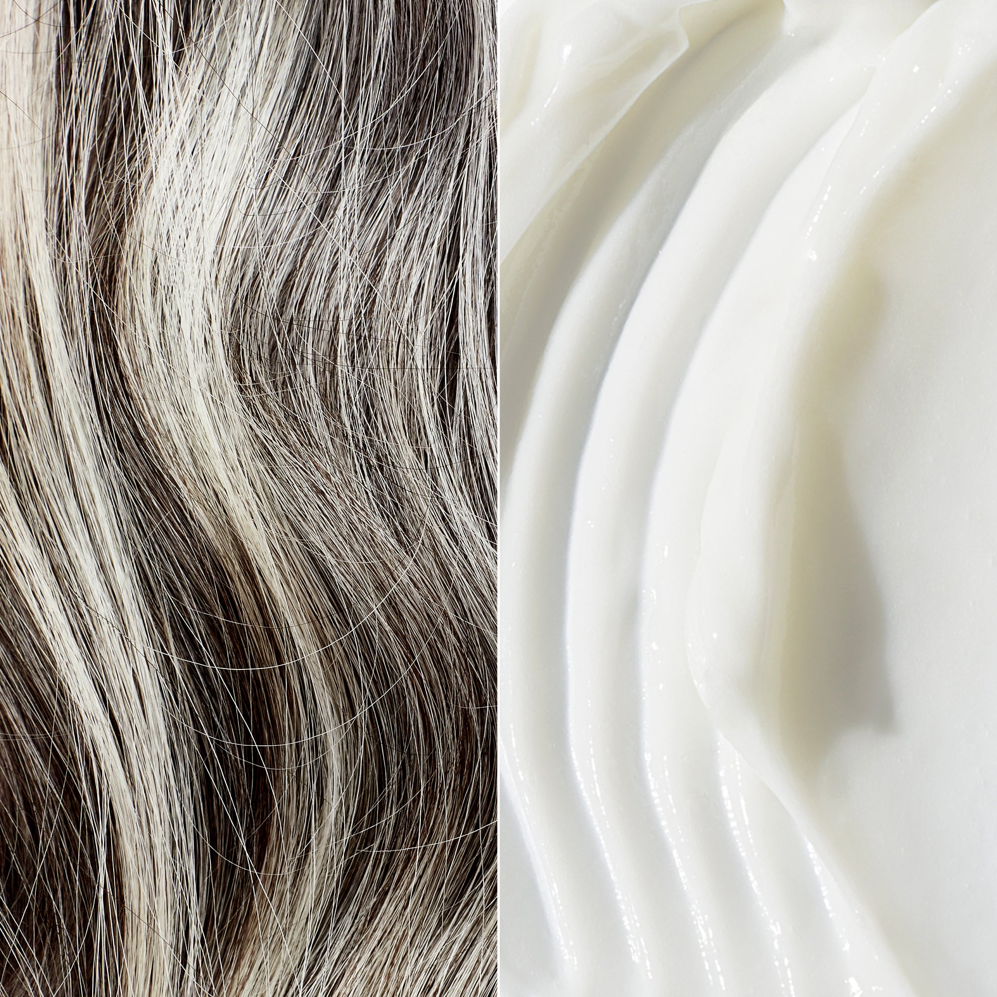 Graying hair and a cleansing cream swatch