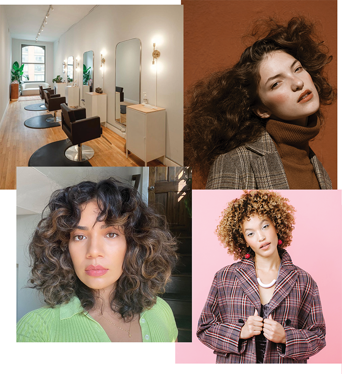 4 image collage, women, curly hair, salon, bright colors